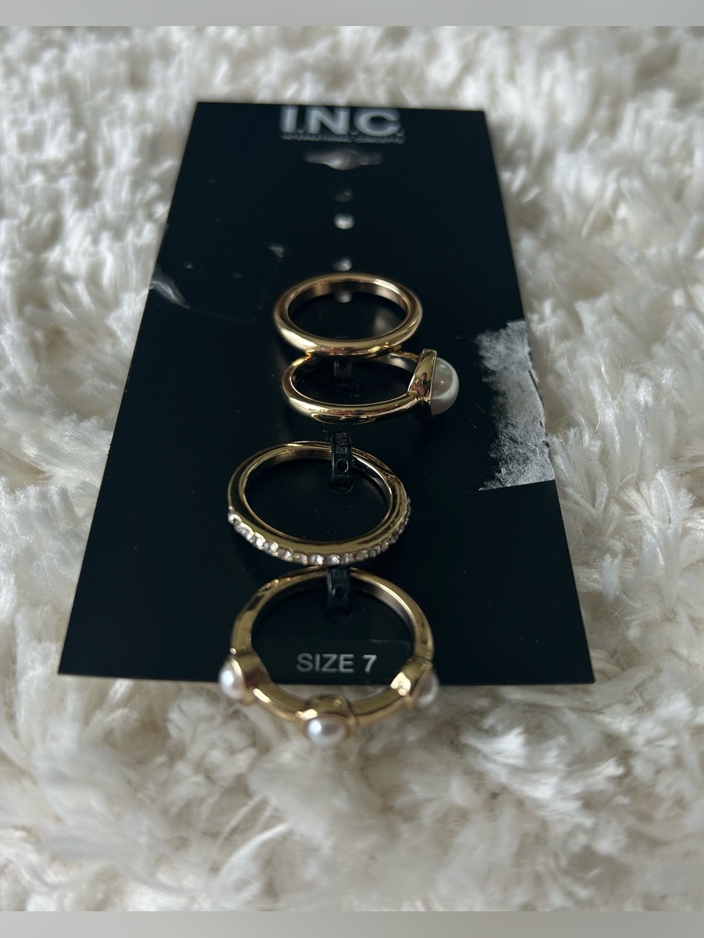 INC International Concepts Gold Pearl & Crystal Stackable Ring Set, Size 7